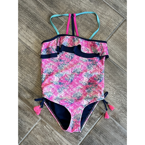 Mermaid Swimsuit Ruffle‎ One Piece Tie Tassels Girls Size 7/8 - Picture 1 of 4